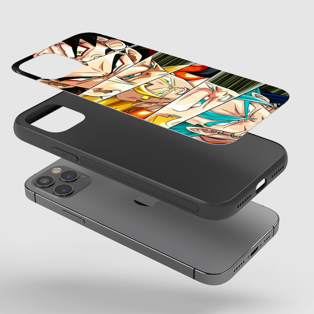 Angled view of Goku All Forms Silicone Armored Phone Case with Dragon Ball design