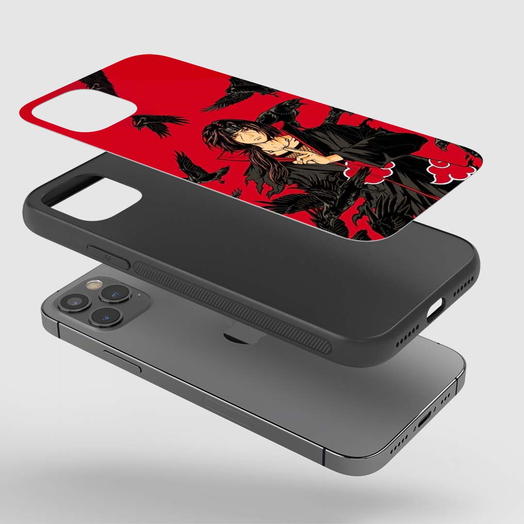 Angled view of Itachi Crow Clone Silicone Armored Phone Case with iconic Itachi design