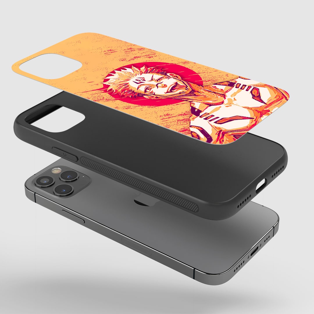 Angled view of Ryomen Sukuna Pastel Silicone Armored Phone Case with Sukuna design