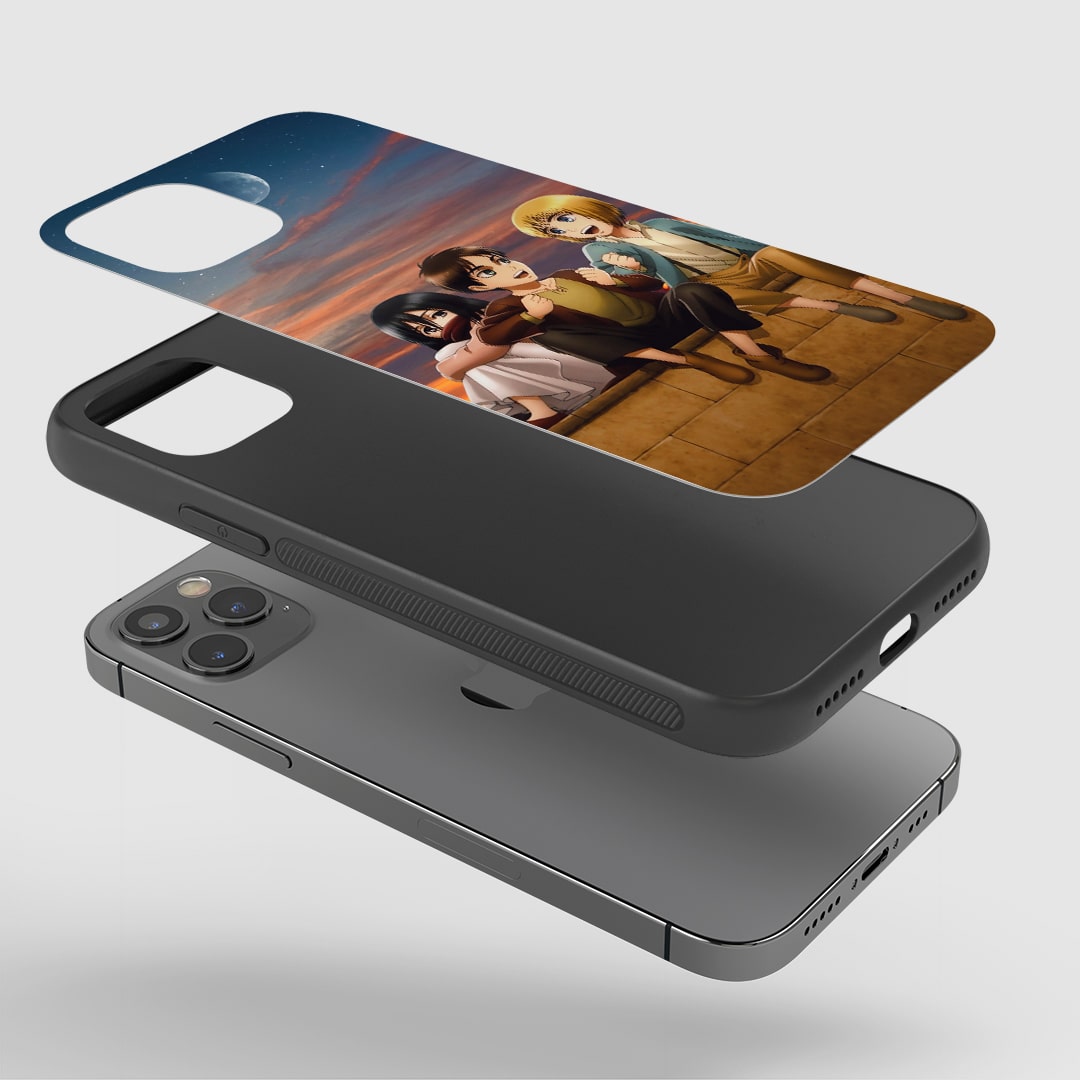 Attack On Titan Trio Phone Case installed on a smartphone, offering robust protection and an epic design.