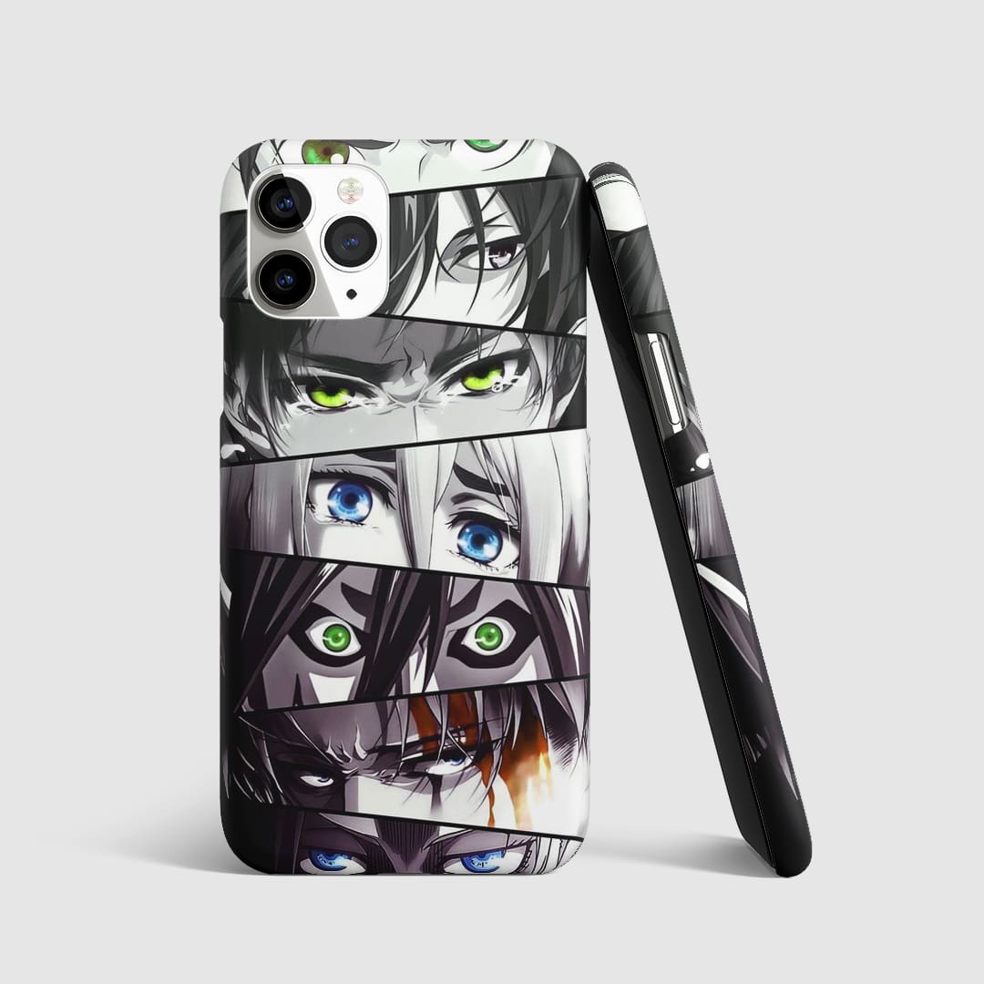 Close-up of "Attack on Titan" characters' intense eyes on phone cover.