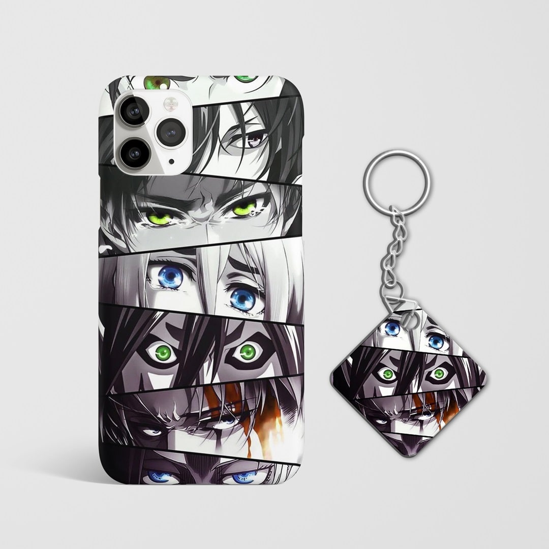 Detailed view of the characters' eyes capturing their emotions on phone case with Keychain.