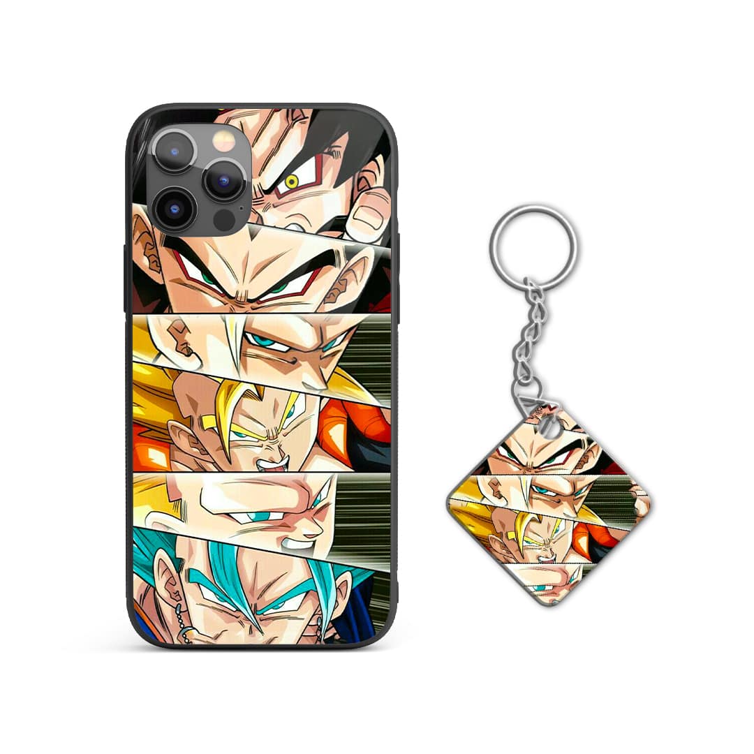 Back view of Goku All Forms Silicone Armored Phone Case highlighting durable silicone with Keychain.
