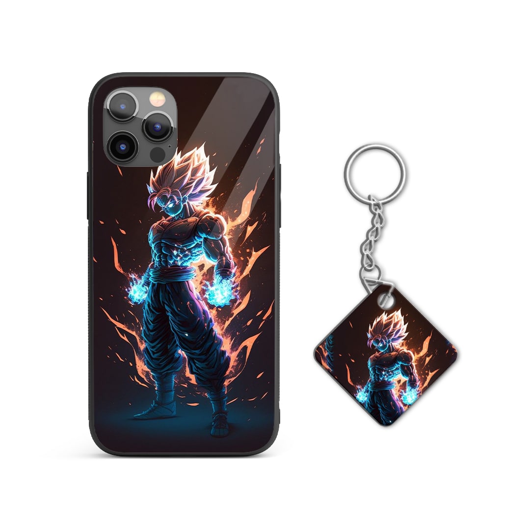 Back view of Goku Angry Silicone Armored Phone Case highlighting shock-absorbent silicone with Keychain.