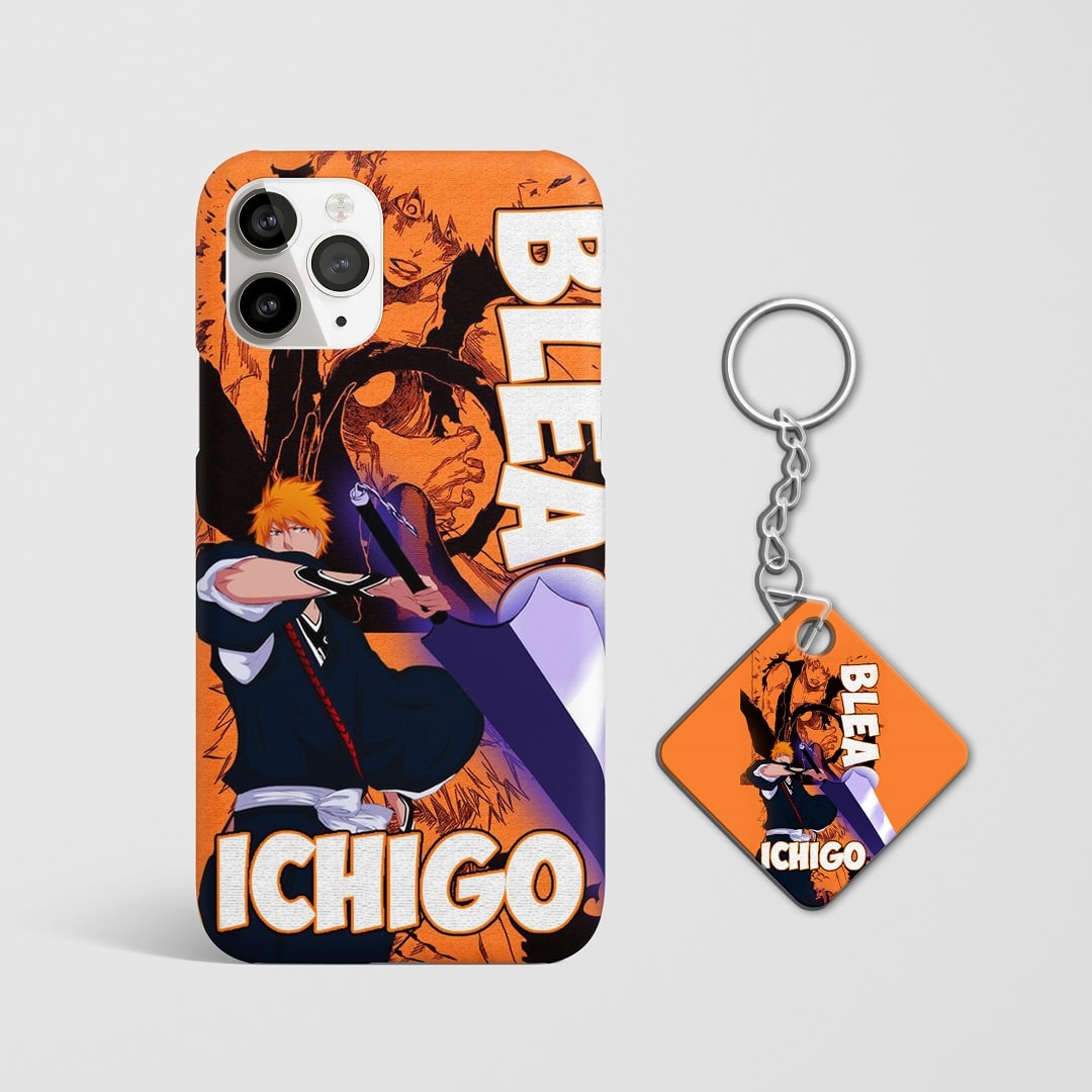 Close-up of Ichigo Kurosaki’s intense expression on phone case with Keychain.