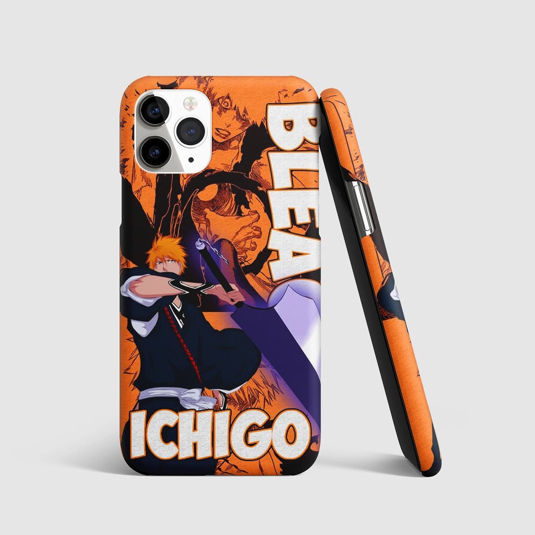 Striking artwork of Ichigo Kurosaki on phone cover.