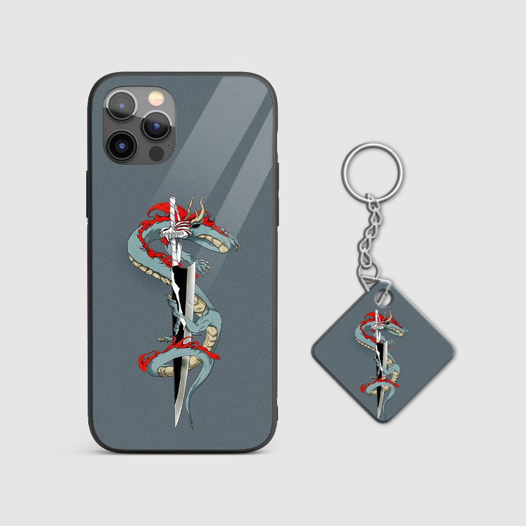 Powerful design of the Shinigami Sword from Bleach on a durable silicone phone case with Keychain.