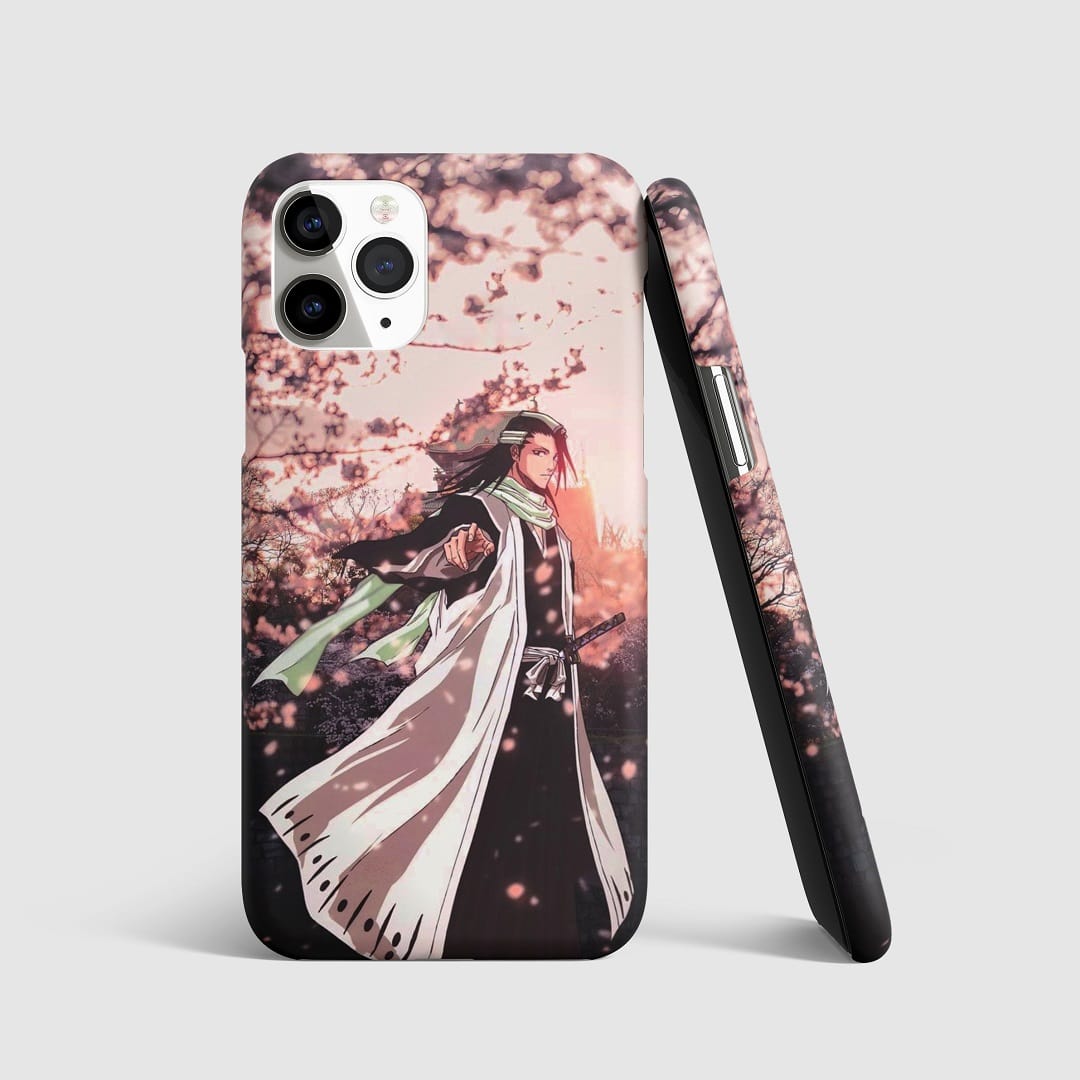 Striking artwork of Byakuya Kuchiki from "Bleach" on phone cover.