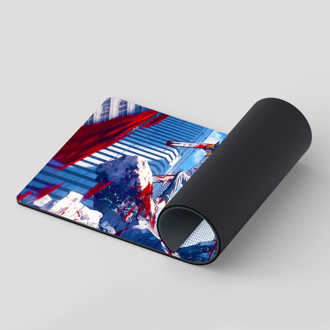 Dark anime desk mat with cityscape design