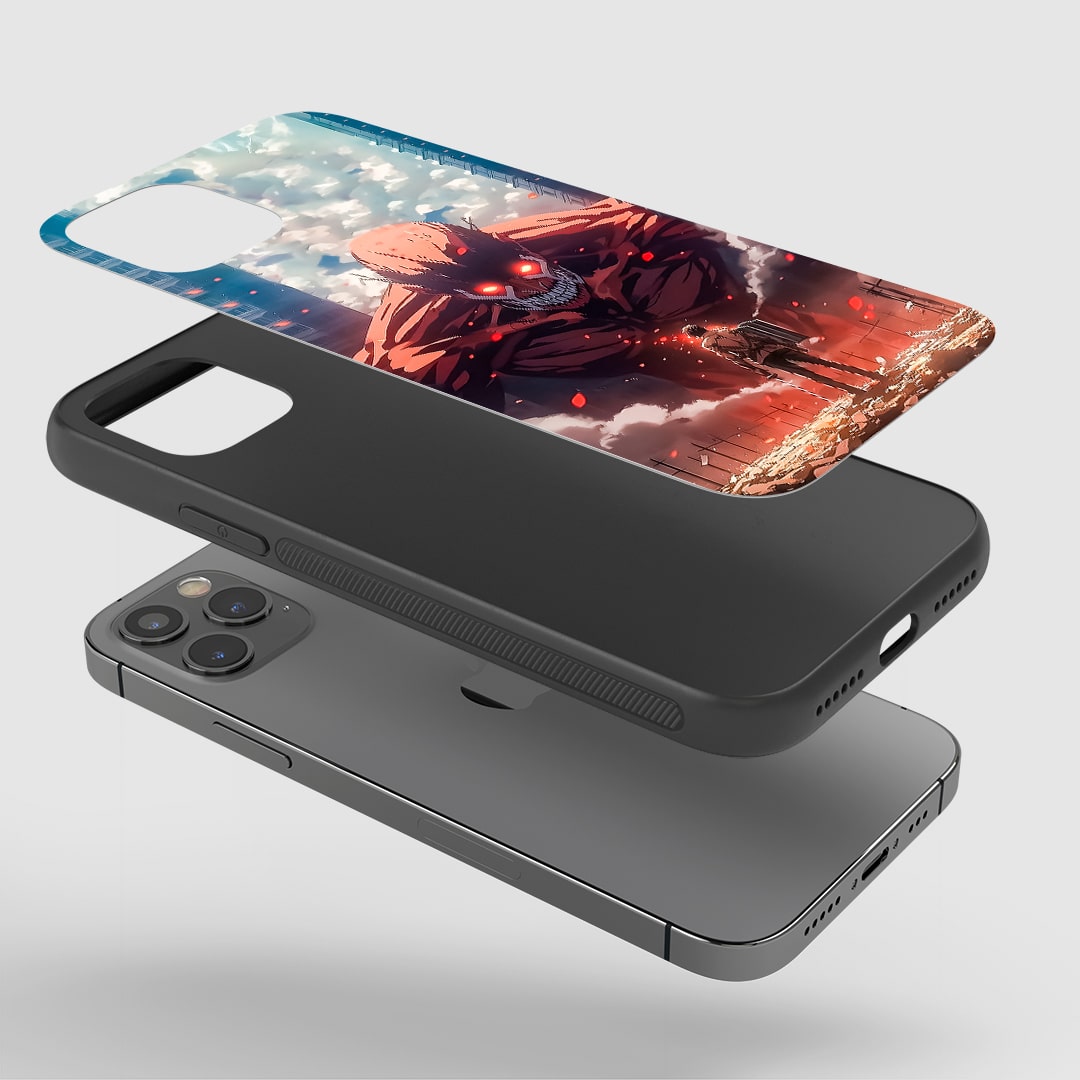 Angled view of case with bold red-and-black titan illustration.