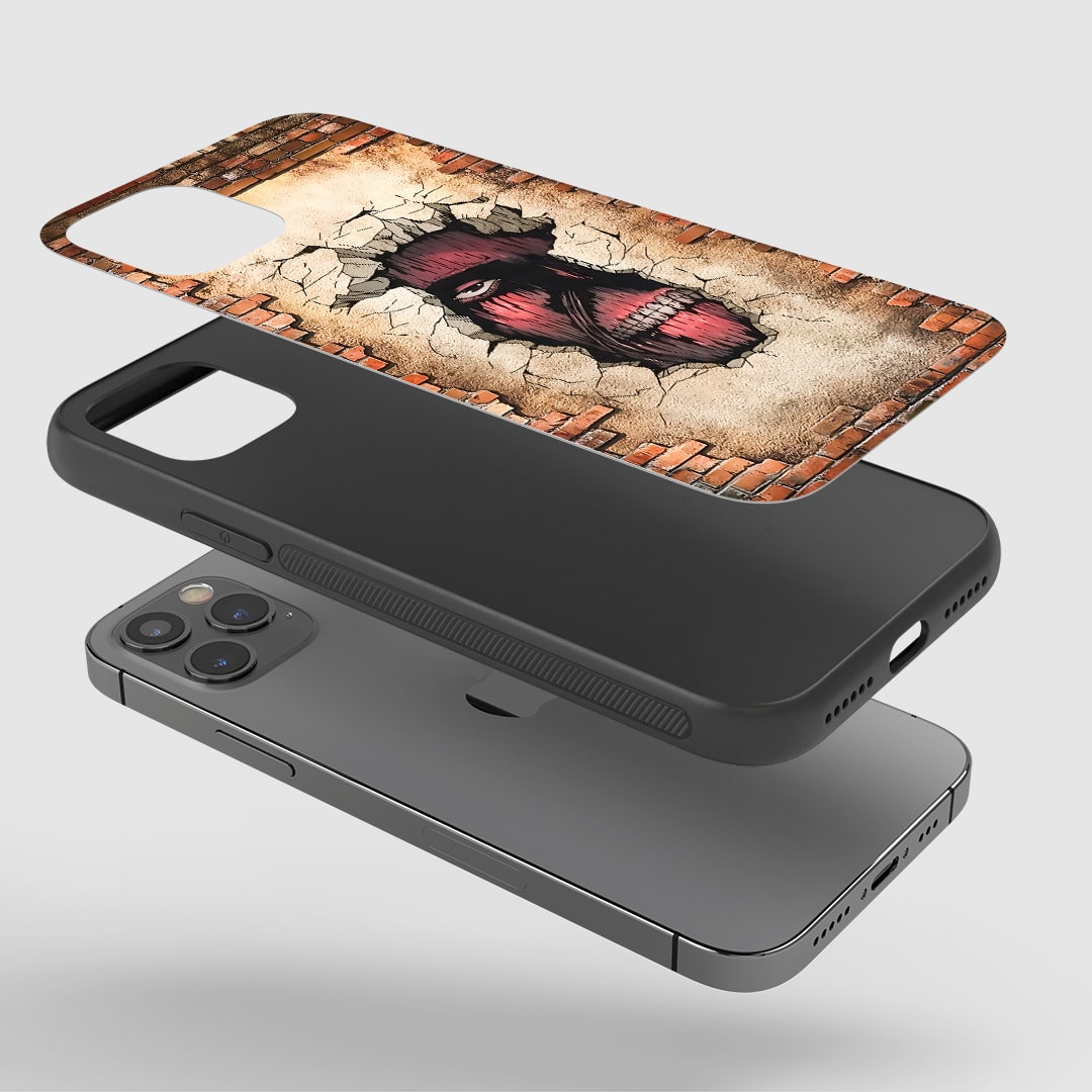 Angled view of phone case highlighting dramatic wall breach scene.