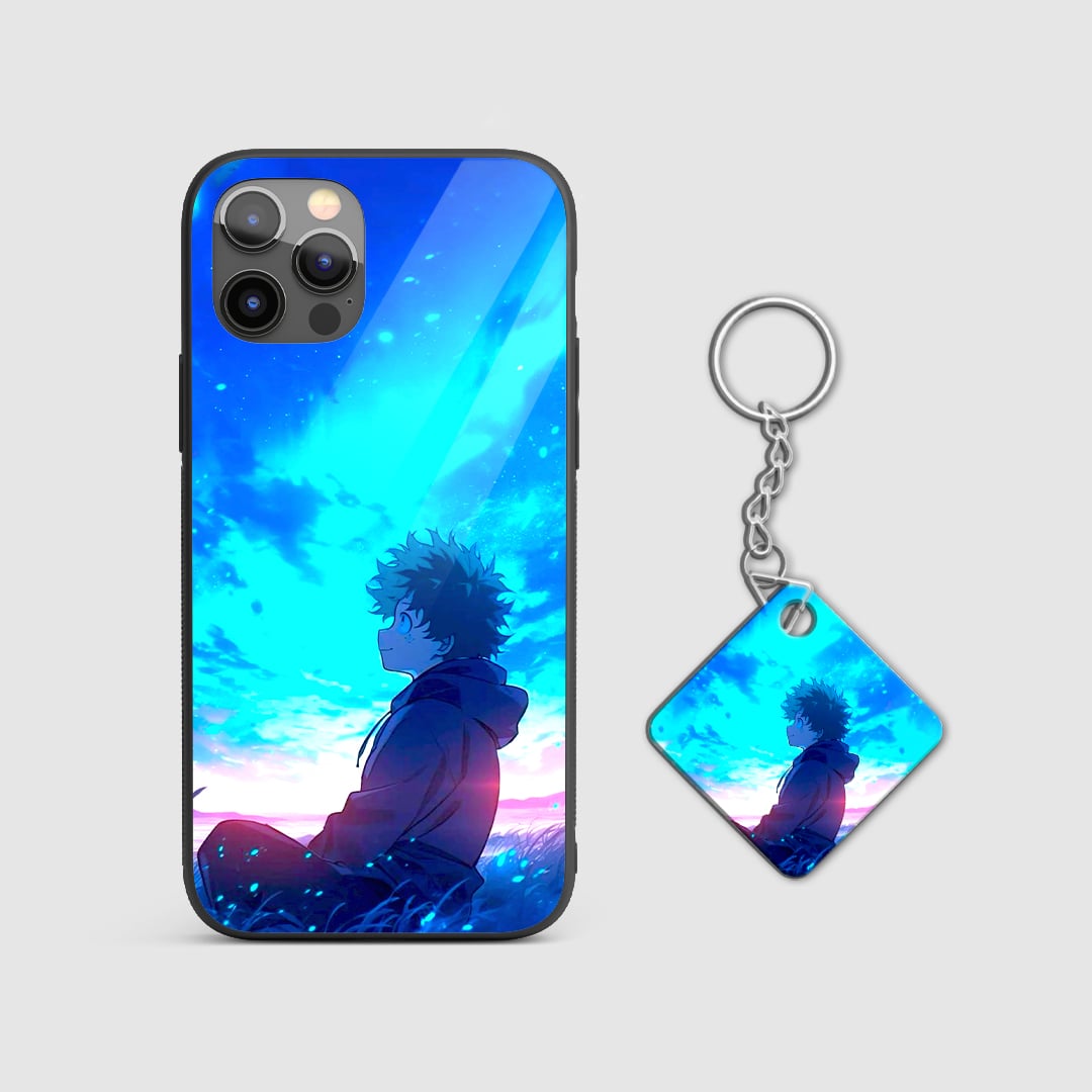 My Hero Academia Deku Starry Sky phone case close-up with Keychain