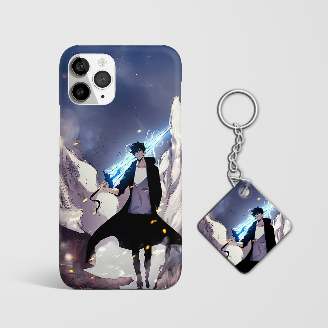 Back view of phone cover featuring powerful Solo Leveling sword design with Keychain.