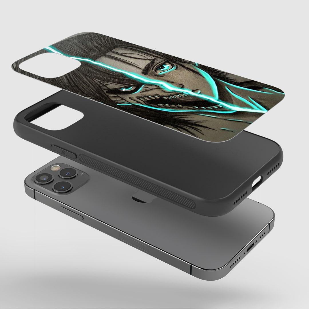 Eren War Titan Phone Case installed on a smartphone, offering robust protection and an intense design.