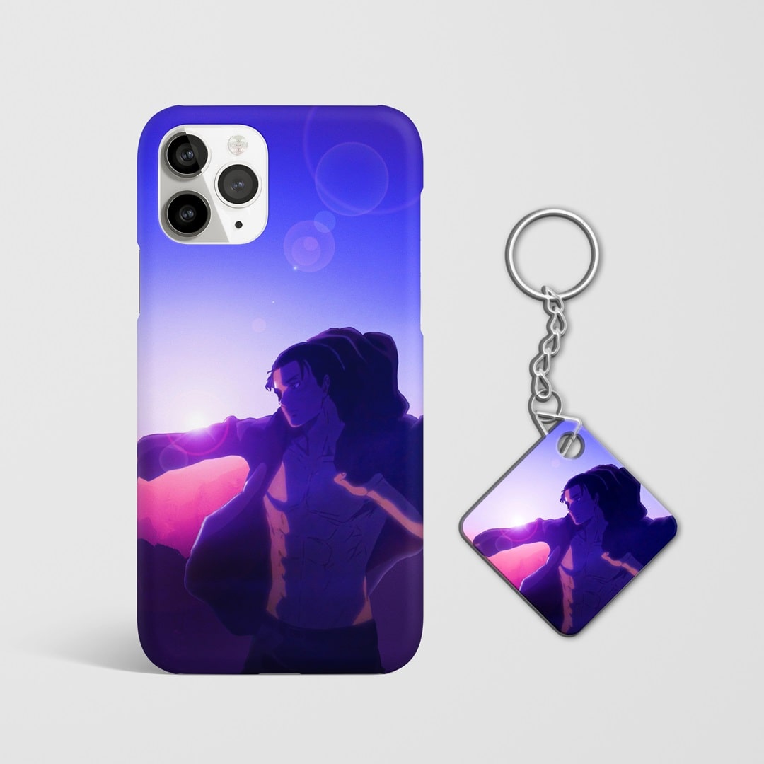 Close-up of Eren’s fierce and dynamic expression on phone case with Keychain.