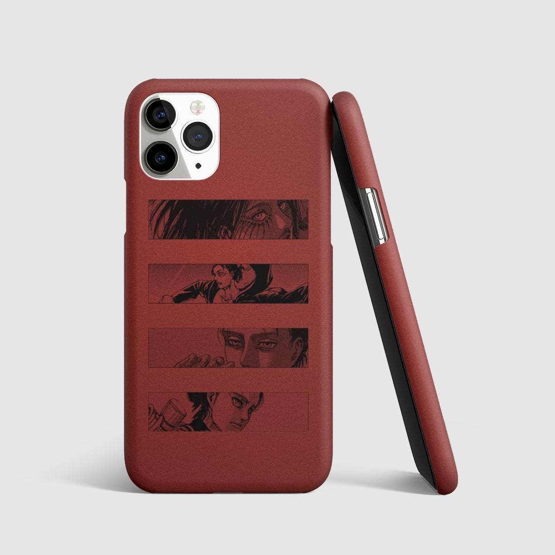 Striking artwork of Eren Yeager from "Attack on Titan" on phone cover.