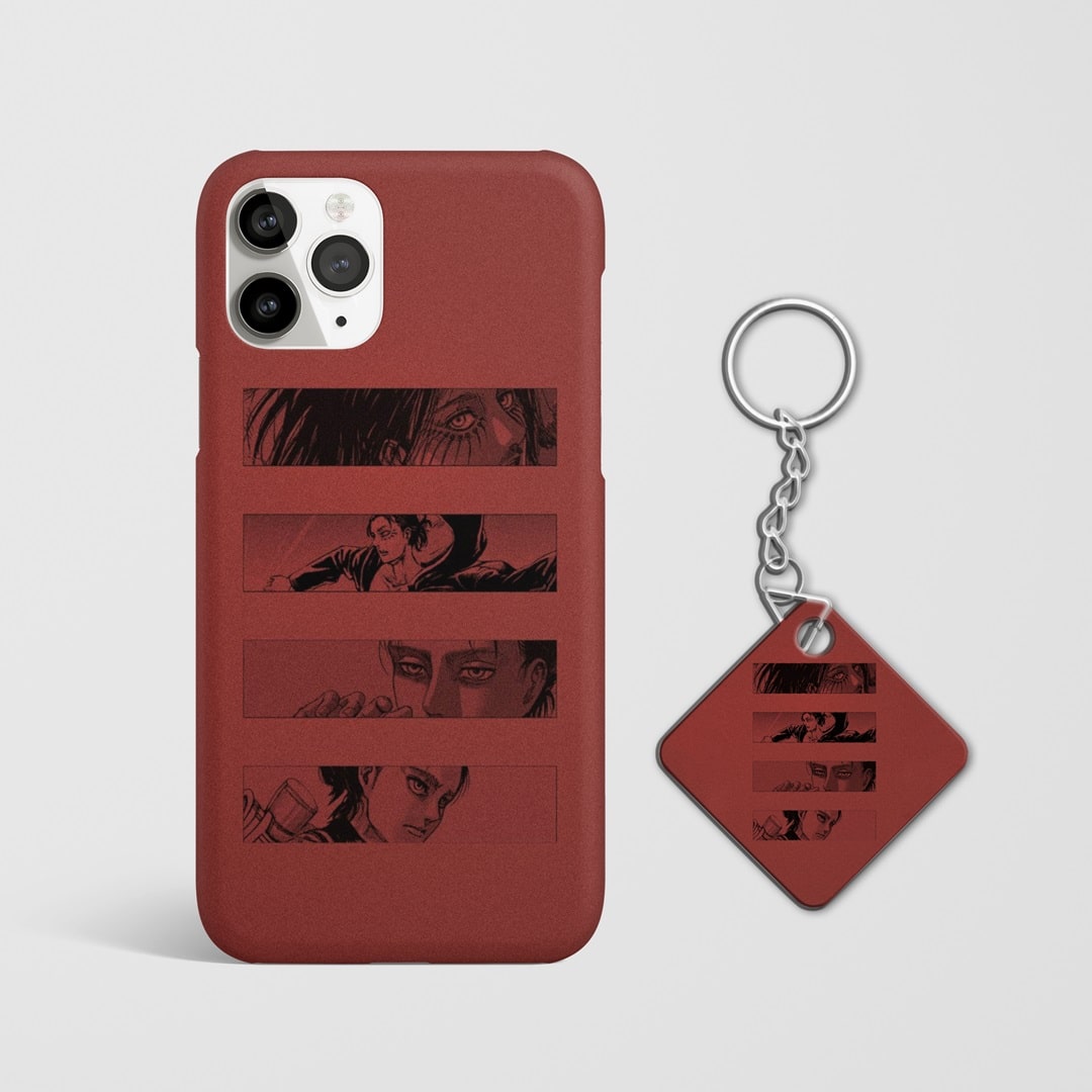 Close-up of Eren’s intense expression symbolizing revolution on phone case with Keychain.