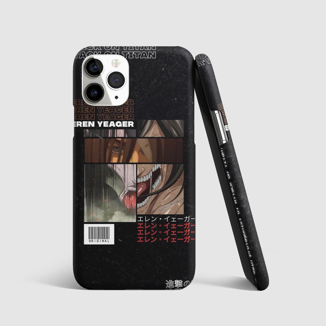 Striking artwork of Eren Yeager transitioning into Titan form from "Attack on Titan" on phone cover.