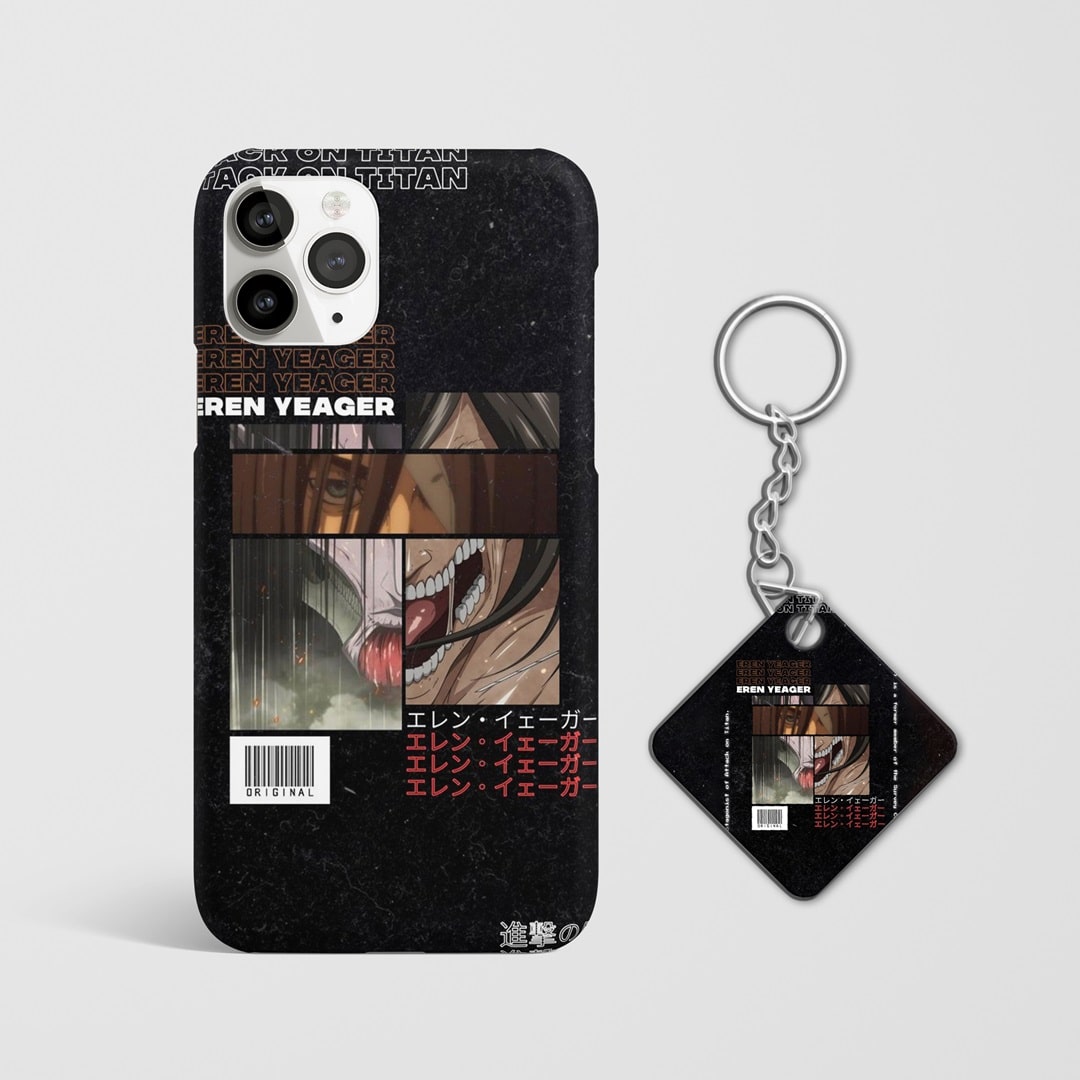 Close-up of Eren’s intense expression during transformation on phone case with Keychain.
