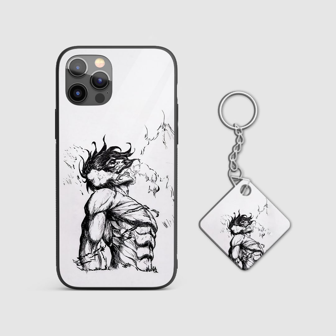 Back view showing sketched titan design of Eren Yeager with Keychain.