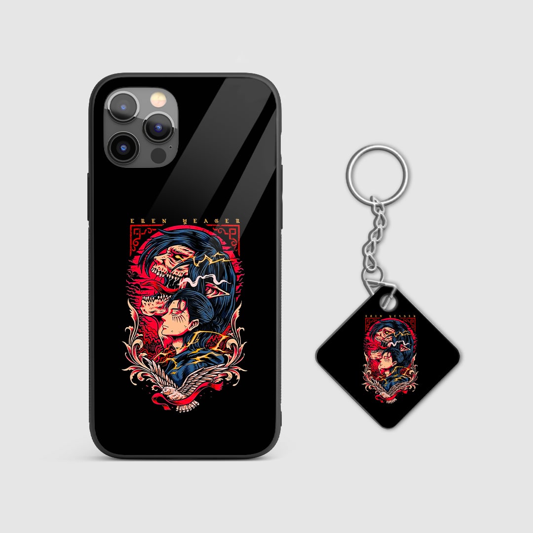 Back view of phone case showing conceptual Eren Yeager design With Keychain.
