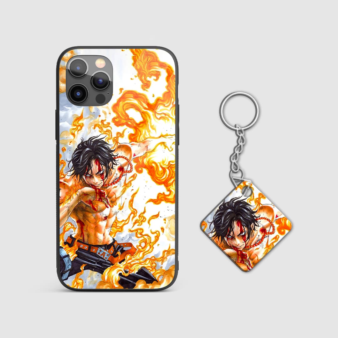 Detailed image of Ace's fiery punch on the silicone armored phone case with Keychain.