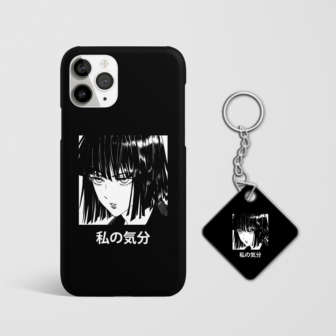 Close-up of Fubuki’s intense expression on phone case with Keychain.