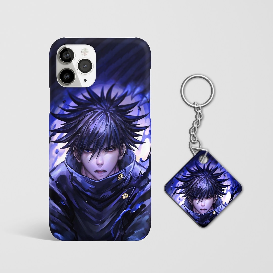 Close-up of Fushiguro Megumi's aesthetic artwork on phone case with Keychain.