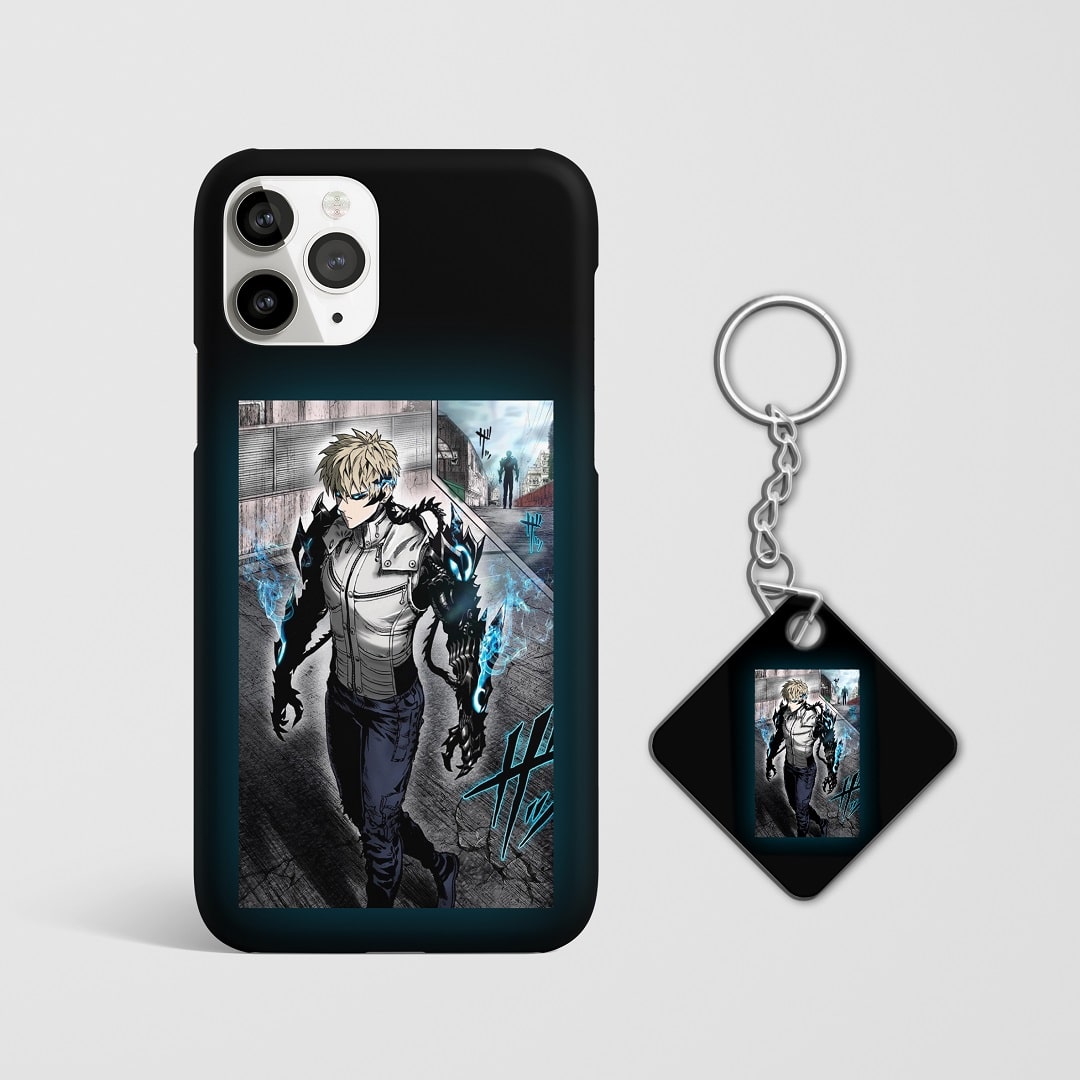 Close-up of Genos’s intense expression on phone case with Keychain.