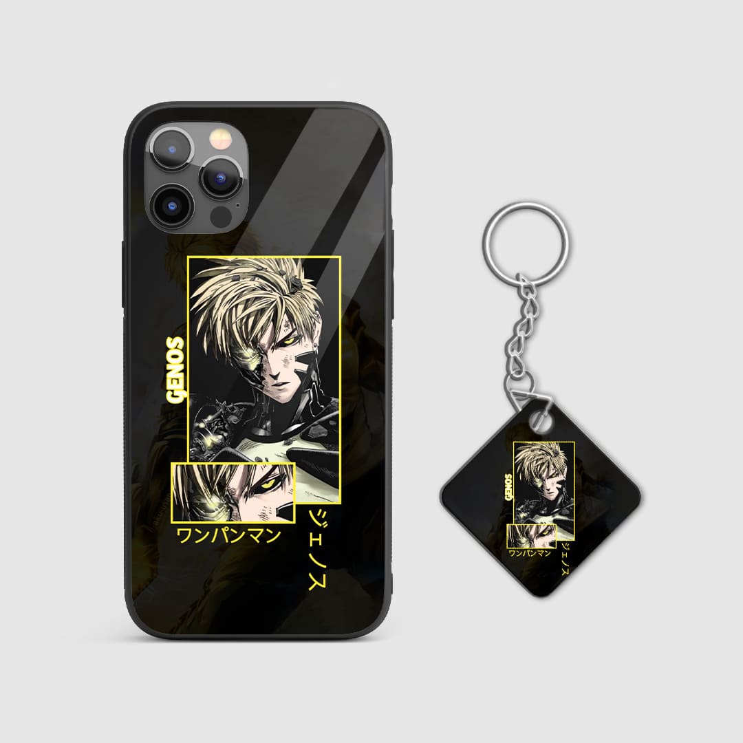 Powerful design of Genos from One Punch Man on a durable silicone phone case with Keychain.
