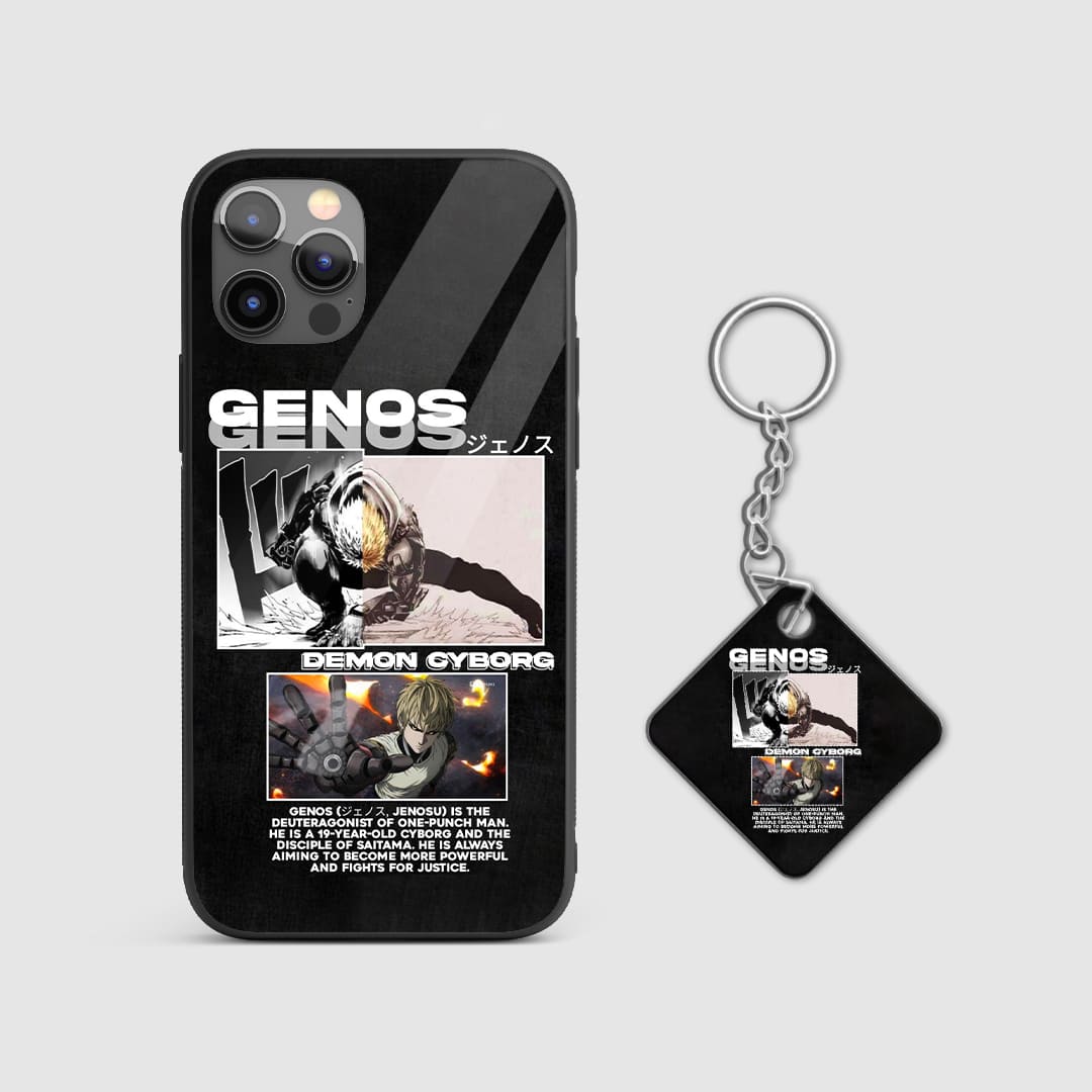 Powerful design of Genos from One Punch Man on a durable silicone phone case with Keychain.