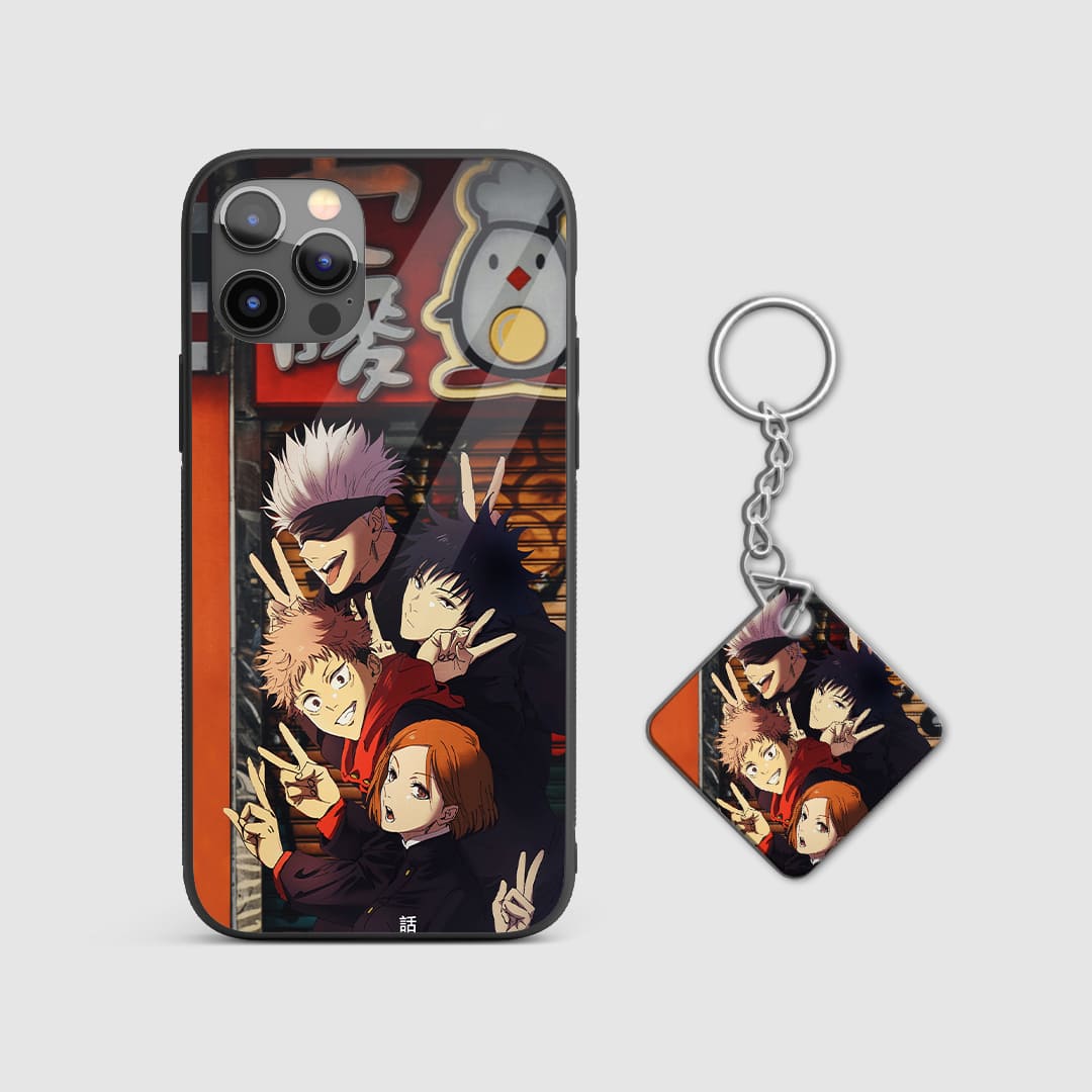Artistic depiction of the Gojo team ready for battle on the silicone armored phone case with Keychain.