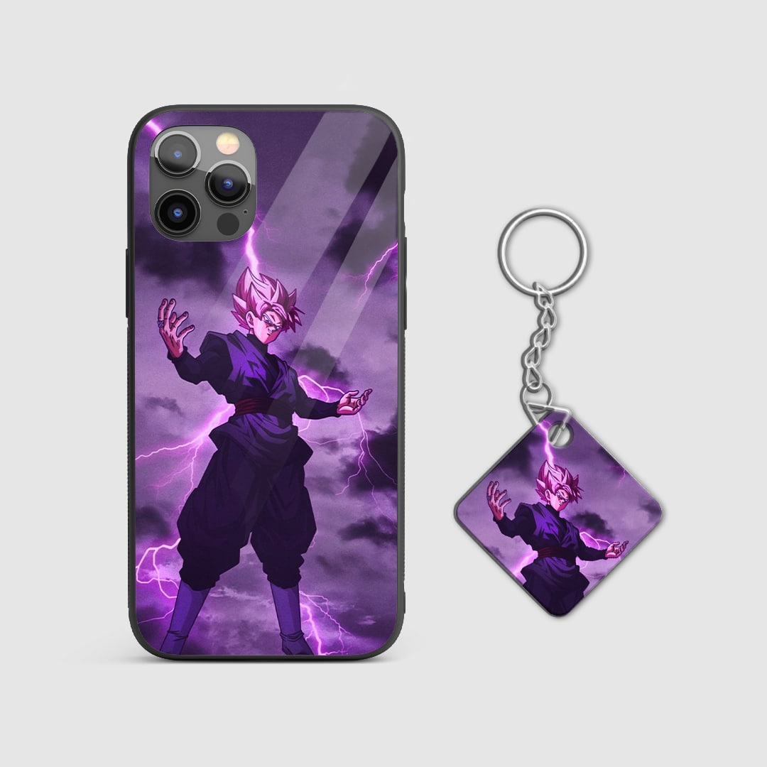 Sleek black phone case with an imposing image of Goku Black, perfect for displaying dark Saiyan power with Keychain.