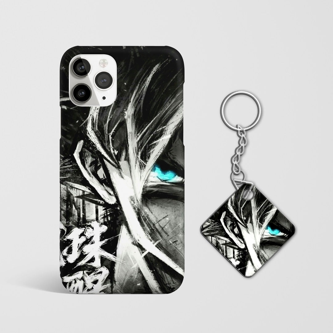 Close-up of Goku's sketch detailing on a sleek phone case with Keychain.