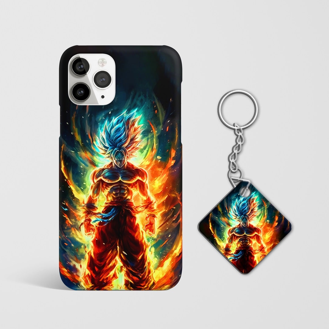 Close-up of Goku's Super Saiyan Blue aura on phone case with Keychain.
