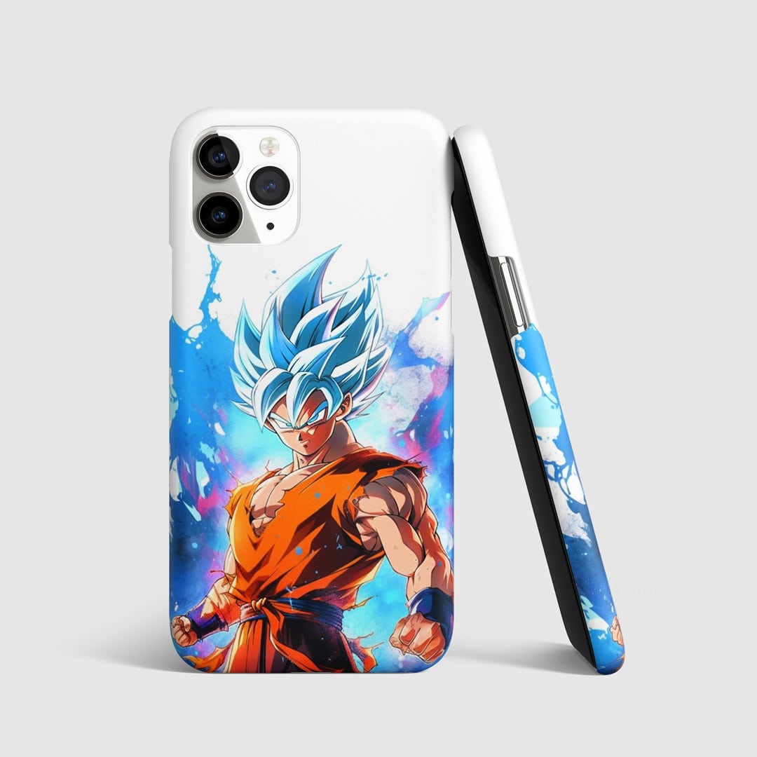 Goku Super Saiyan Blue emitting powerful blue aura on phone cover.