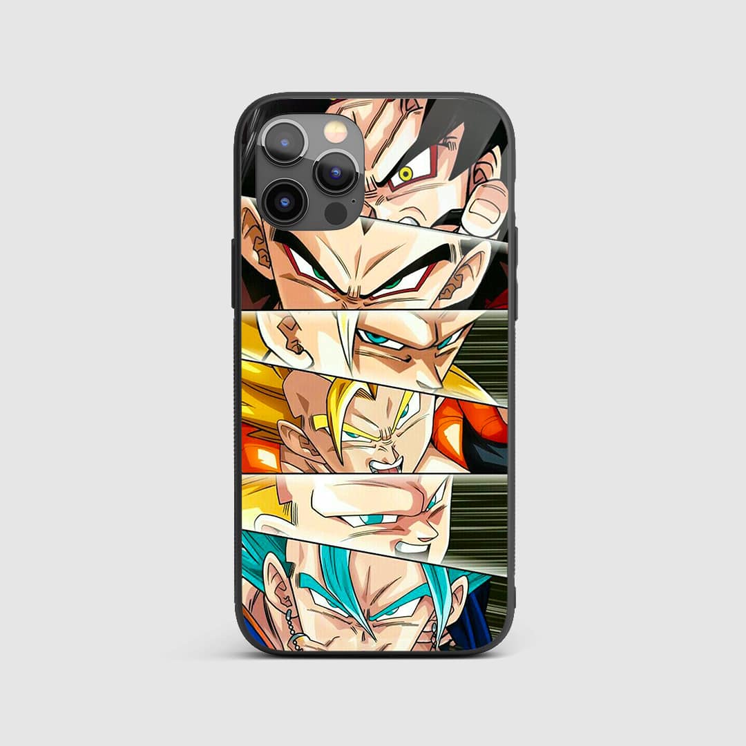 Goku All Forms Silicone Armored Phone Case front view with Goku's transformations