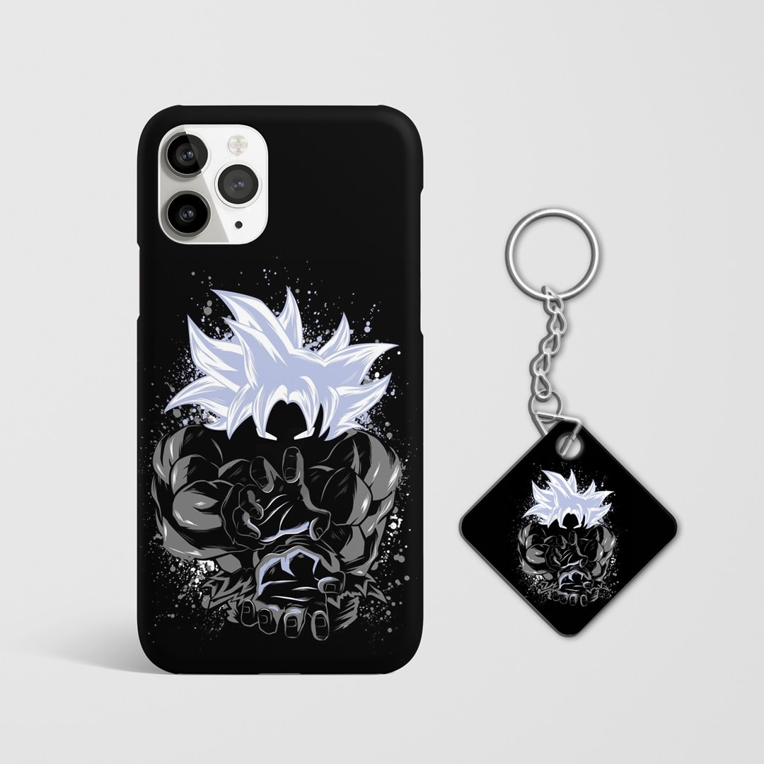 Close-up of Goku's Kamehameha energy blast on phone case with Keychain.