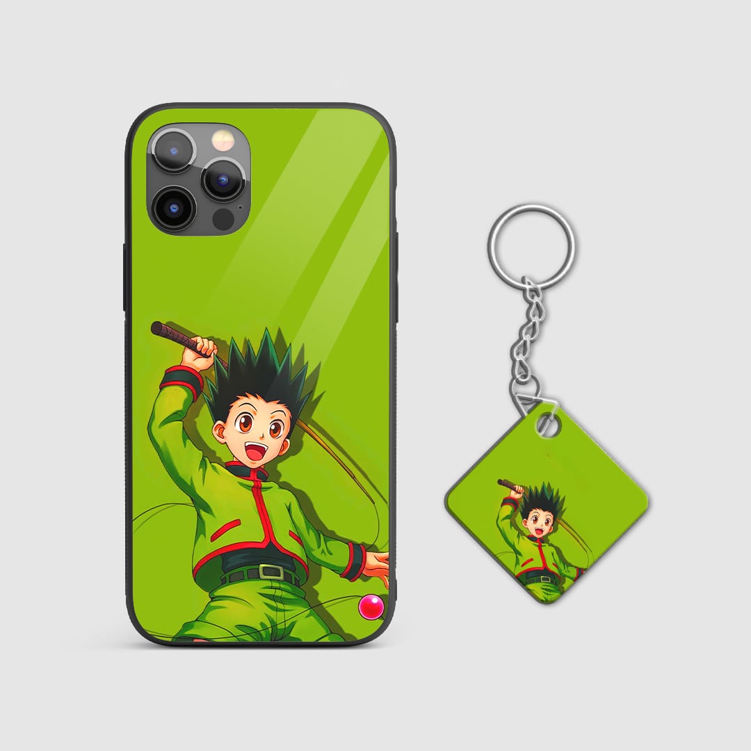 Durable anime silicone armored phone case Gon Freecss With Keychain.