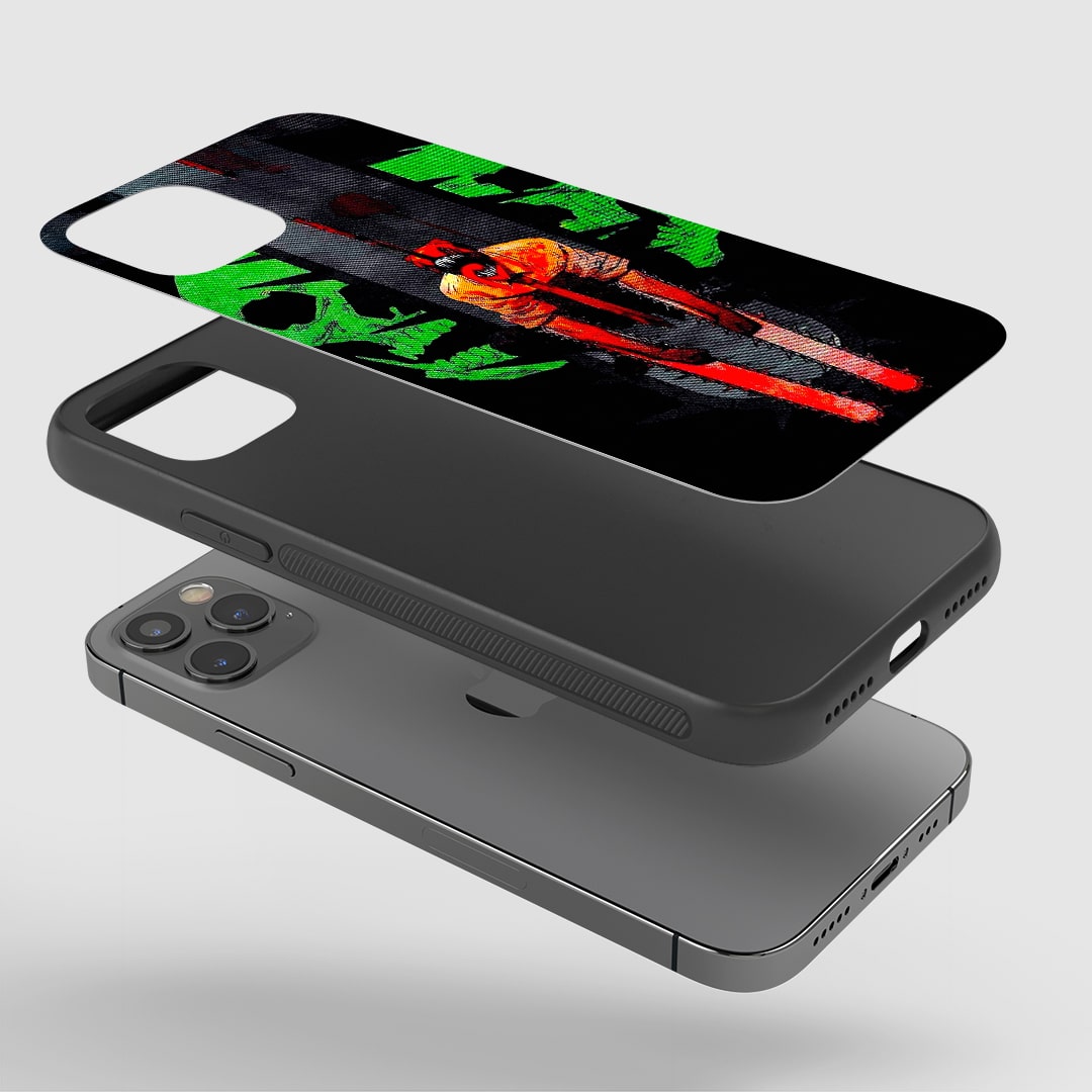 Close-up of durable Green Reaper Denji silicone phone cover