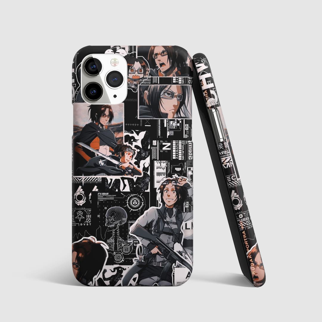 Vibrant collage of Hange Zoe from "Attack on Titan" on phone cover.