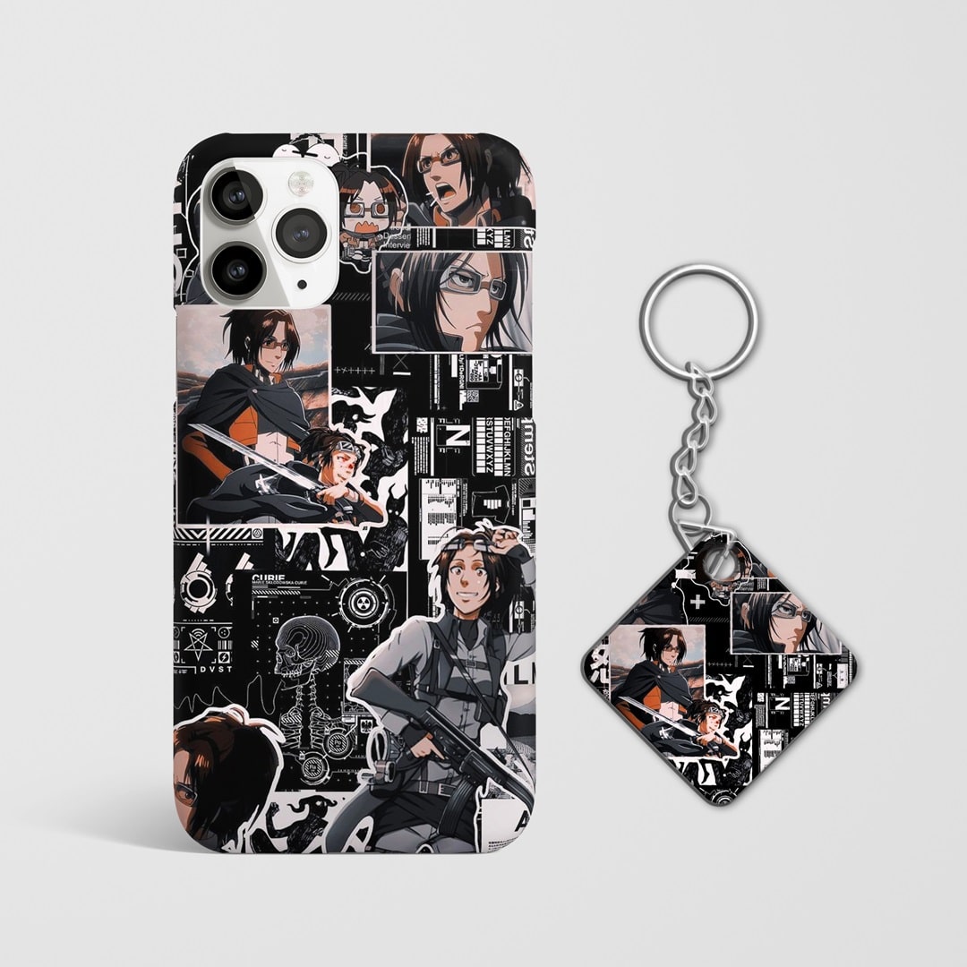 Close-up of Hange Zoe’s inquisitive expression on phone case with Keychain.
