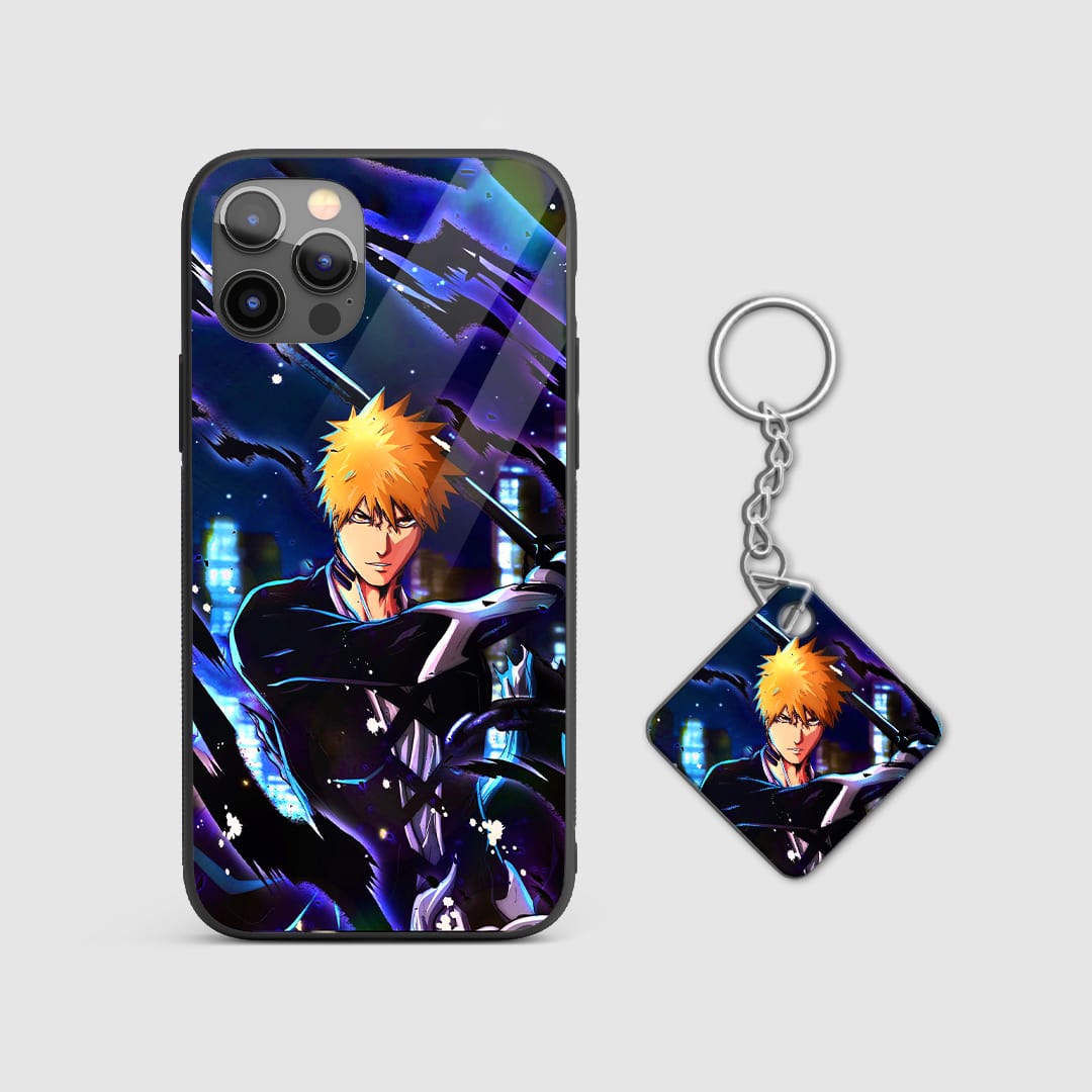 Dynamic design of Ichigo Kurosaki from Bleach on a durable silicone phone case with Keychain.