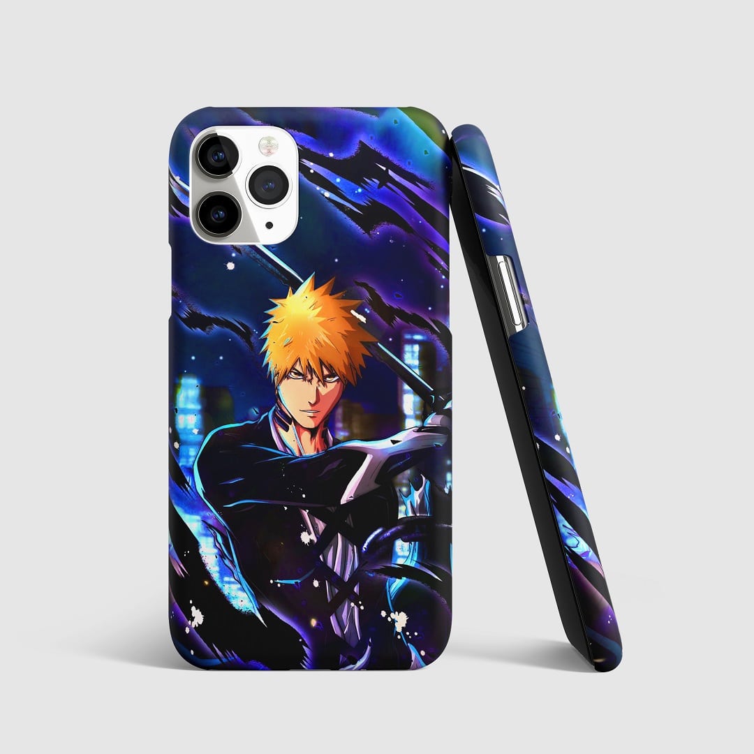 Dynamic artwork of Ichigo Kurosaki in action from "Bleach" on phone cover.