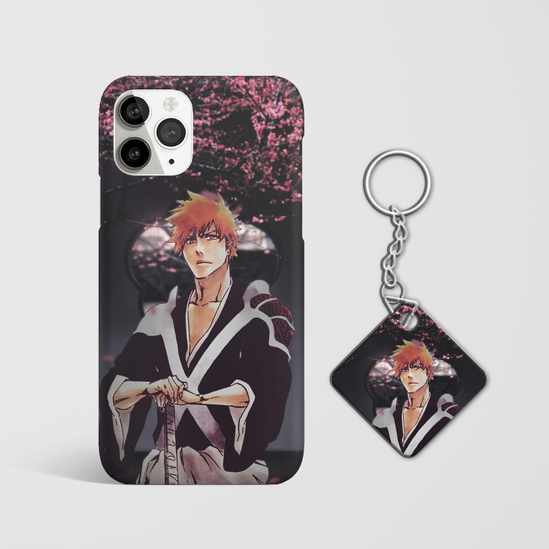 Close-up of Ichigo Kurosaki’s determined expression on phone case with Keychain.