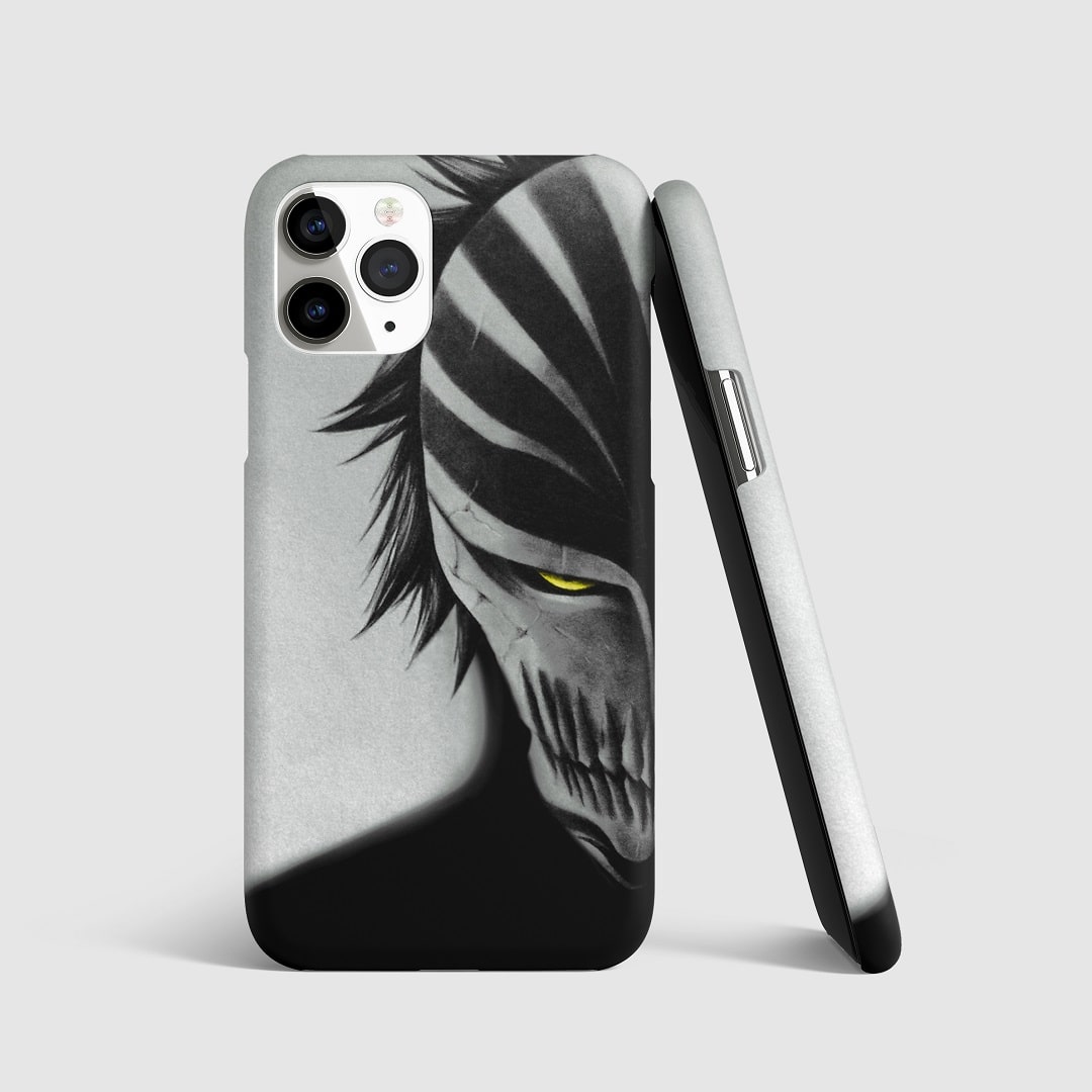Striking artwork of Ichigo Kurosaki with Hollow mask from "Bleach" on phone cover.