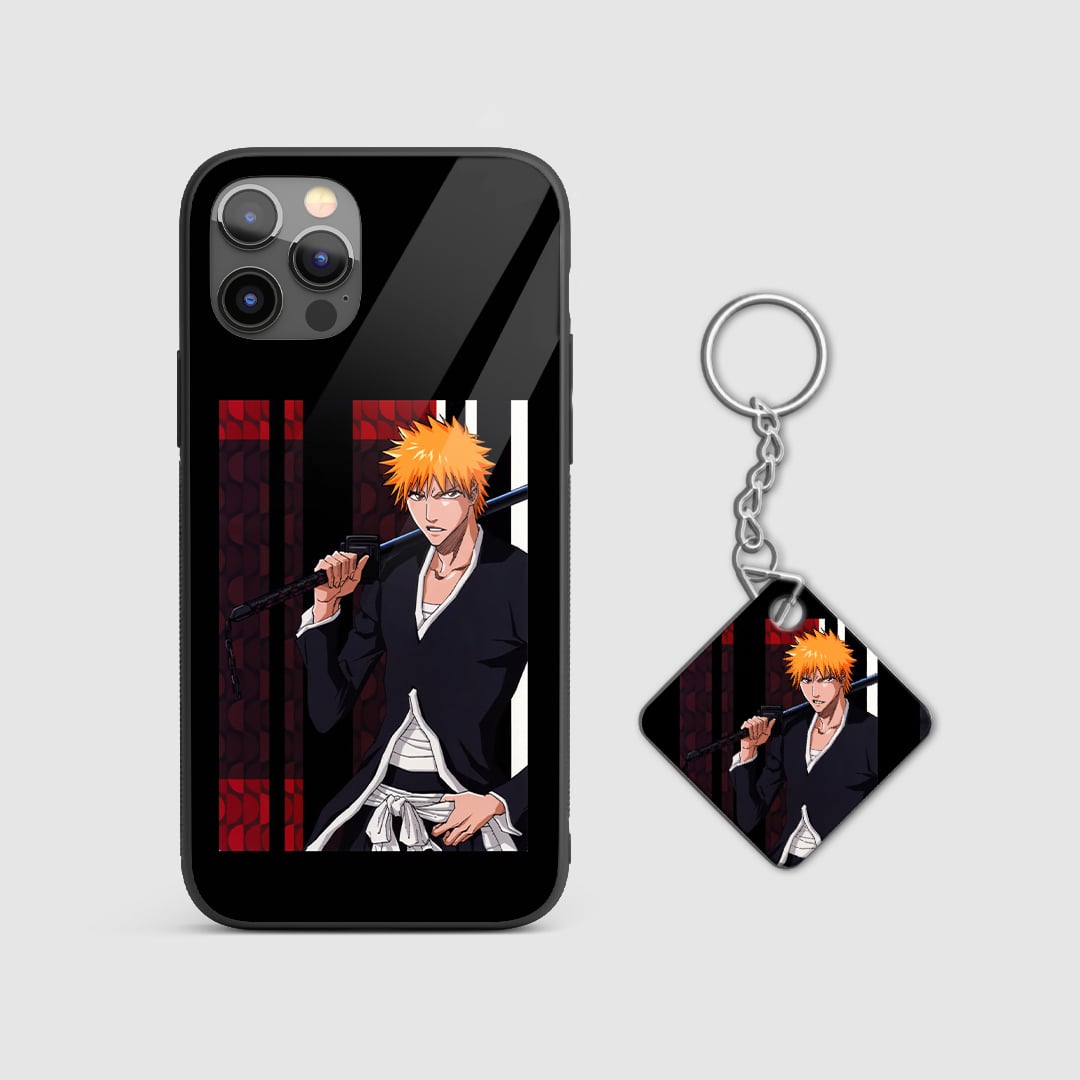 Sleek black design of Ichigo Kurosaki from Bleach on a durable silicone phone case with Keychain.
