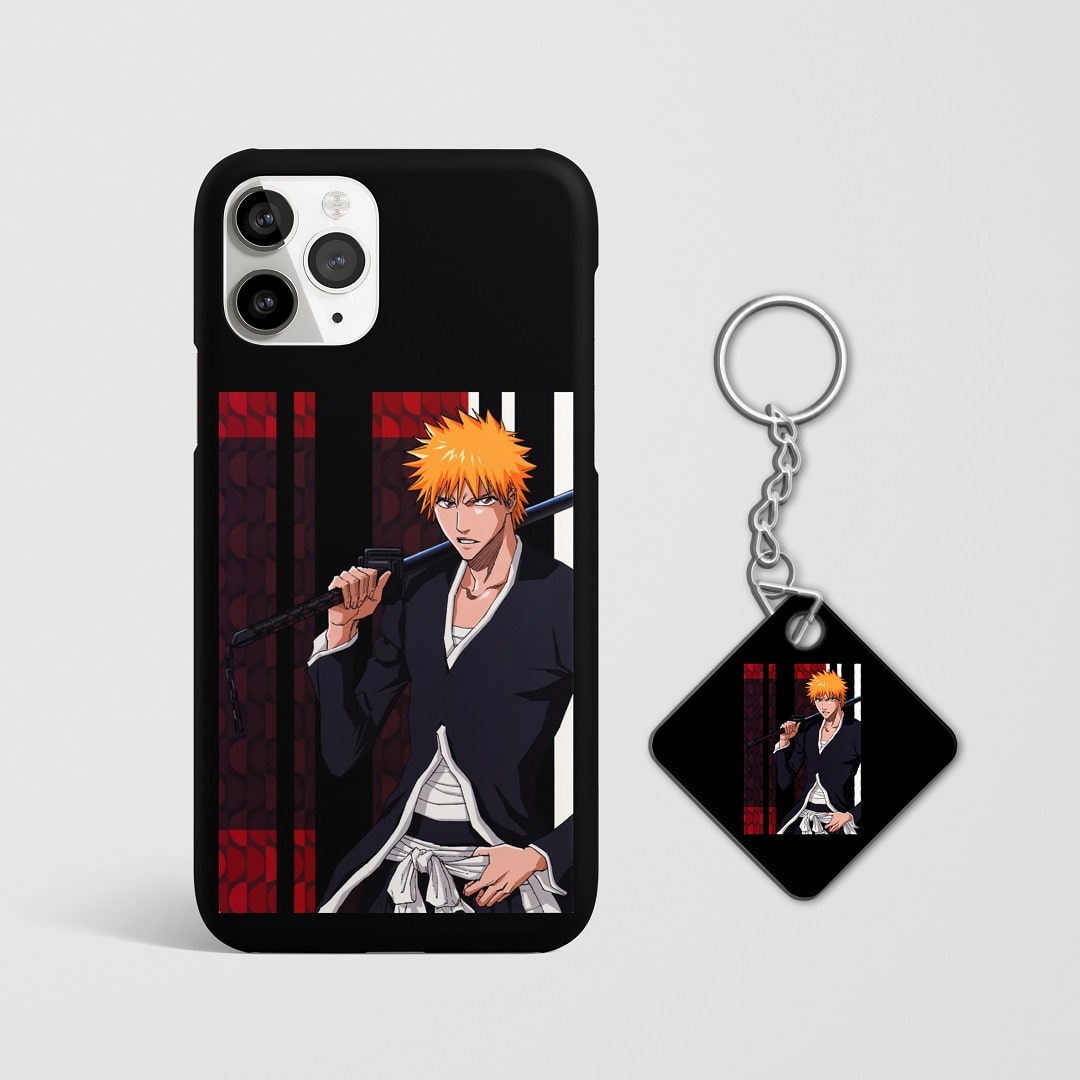 Close-up of Ichigo Kurosaki’s intense expression on black phone case with Keychain.