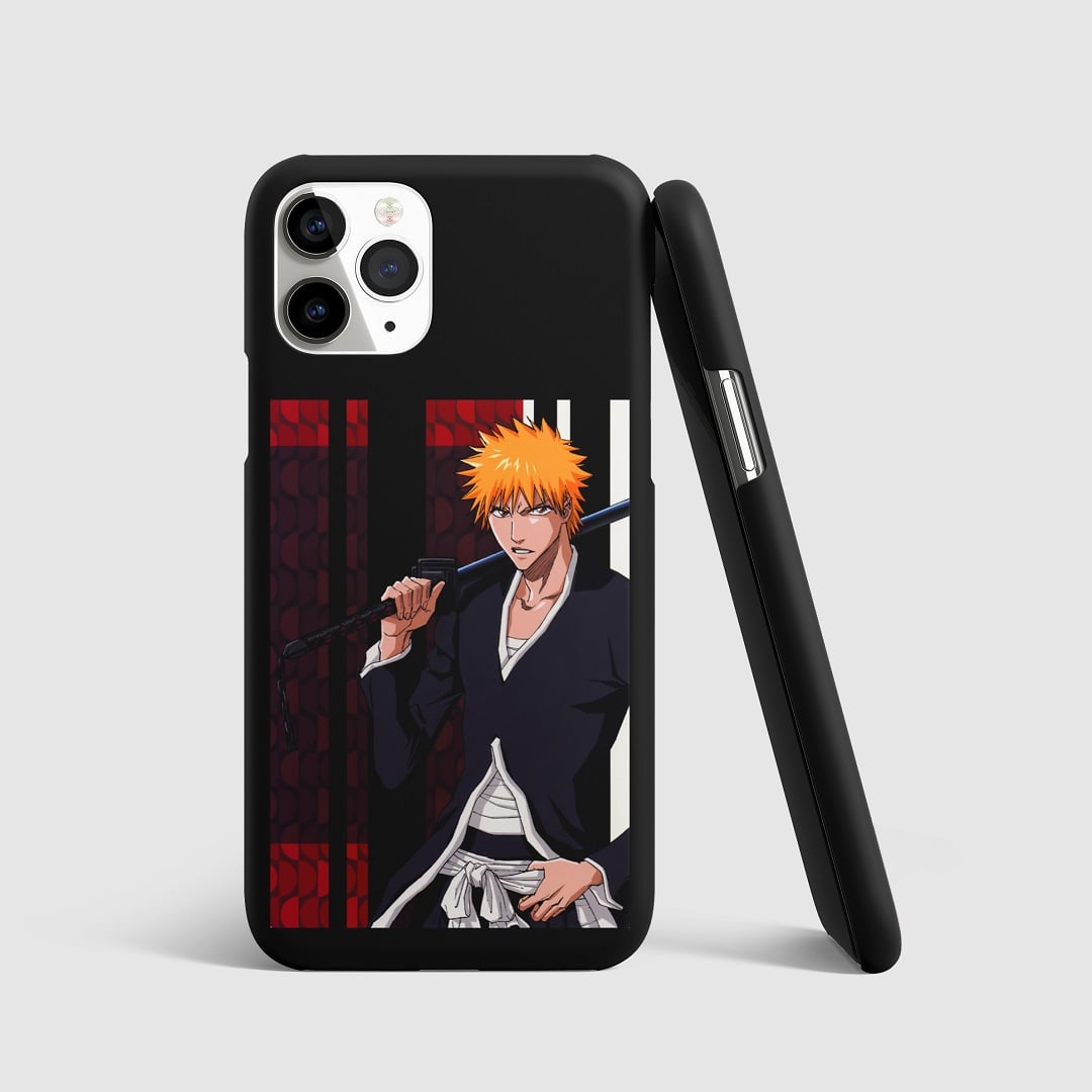 Striking artwork of Ichigo Kurosaki from "Bleach" on black phone cover.