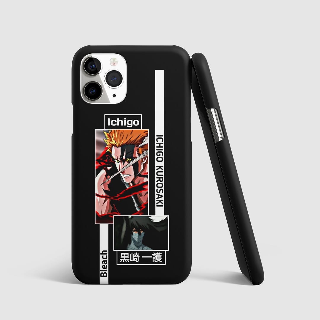 Dynamic artwork of Ichigo Kurosaki from "Bleach" on phone cover.